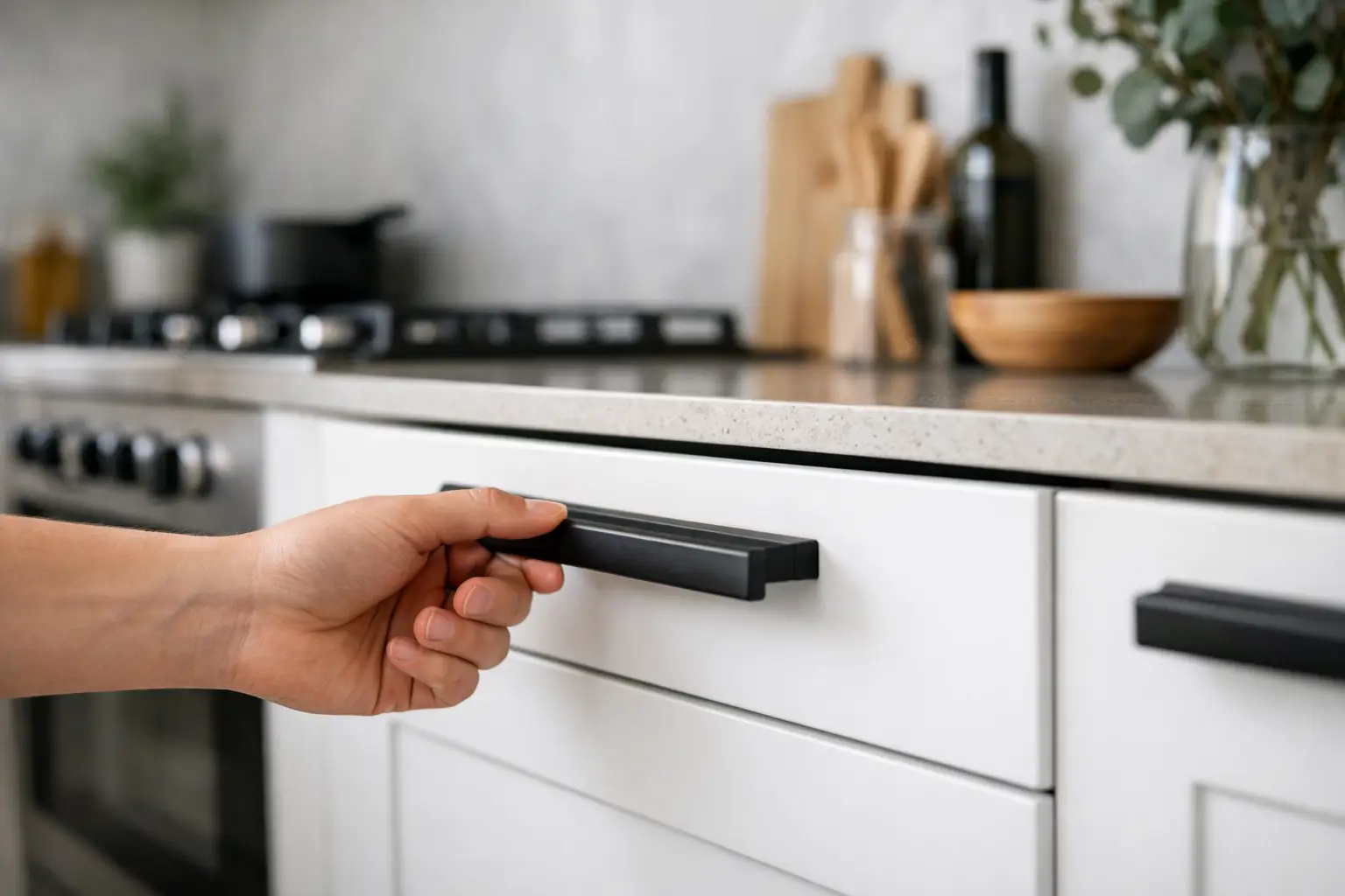 Svarta handtag till köksluckor som lyfter köket